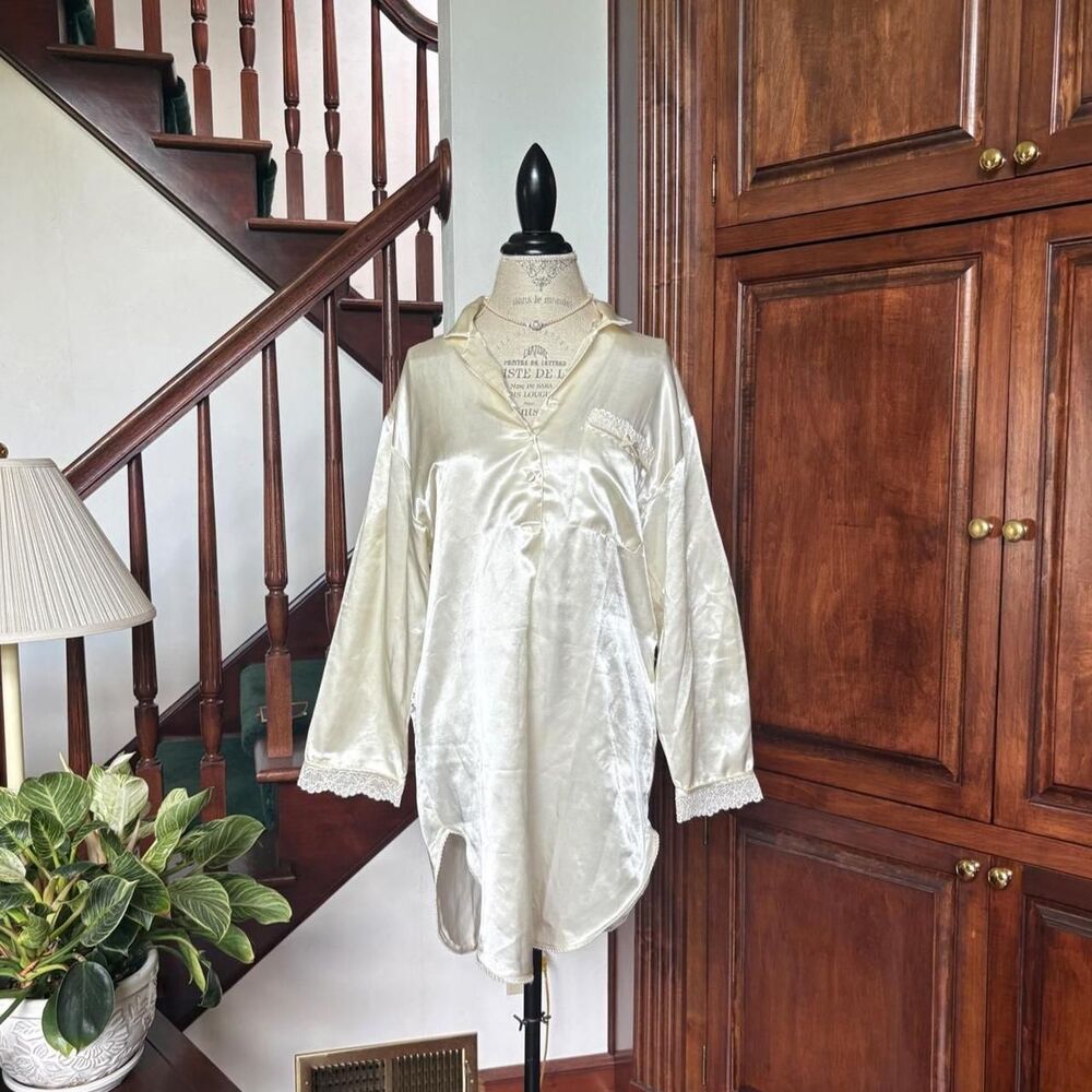 Tender Secret Cream Ivory Satin Pajama Top Dress Long Sleeve Button Down